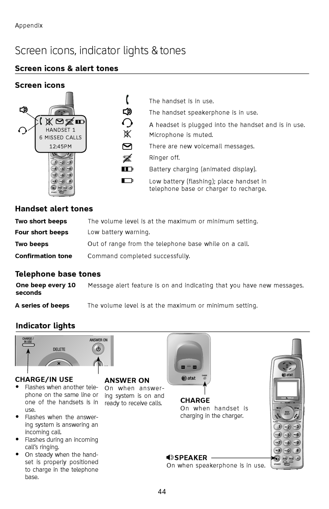 AT&T E2912B Screen icons, indicator lights & tones, Screen icons & alert tones, Handset alert tones, Telephone base tones 